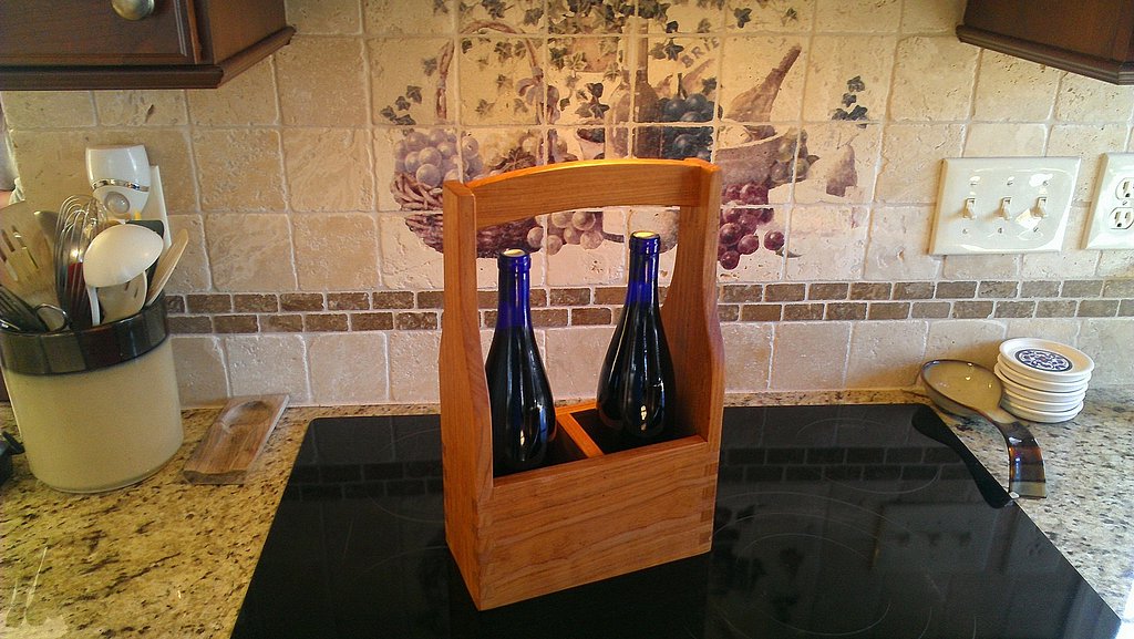 Two-bottle wine tote made from wormy cherry