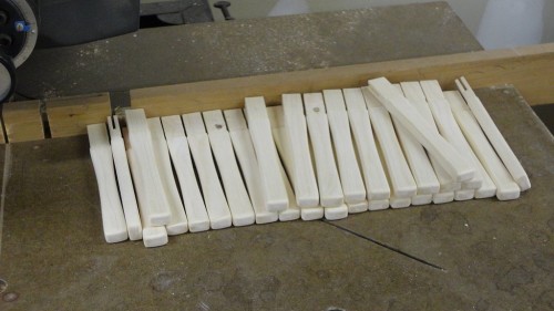 All mini mallet handles milled to size and tenon kerfs cut
