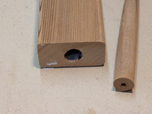 Custom fit tapered dowel used to plug exposed end of bee tunnel