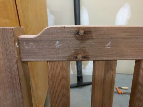 Nail holes plugged with DIY redwood dowels