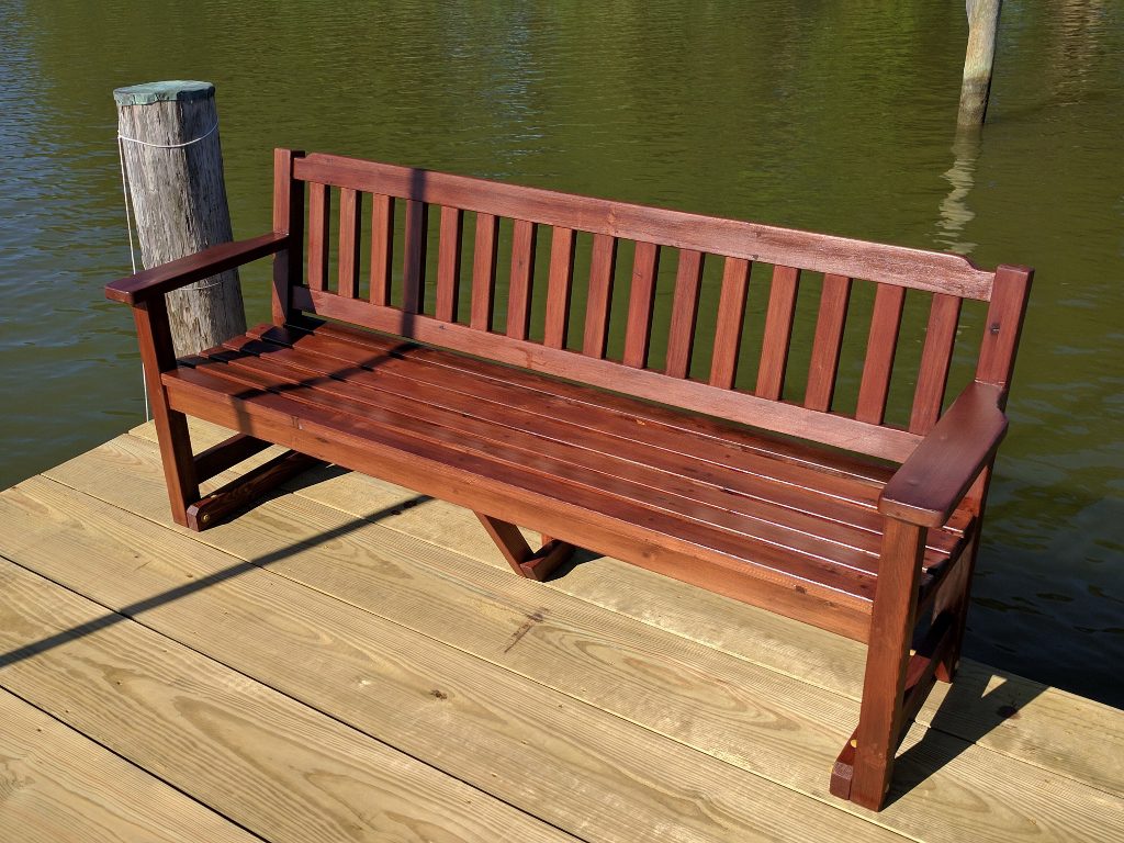 Garden bench from reclaimed redwood lumber