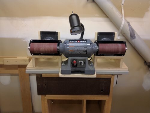 Flex-drum sanding station made from a repurposed variable speed grinder