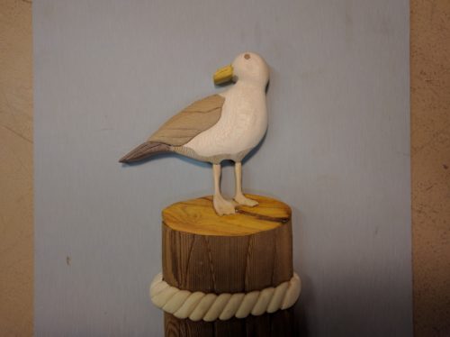 Close-up view of intarsia seagull